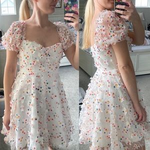 White Confetti Dot Puff-Sleeve Fit & Flare Dress